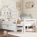 Lit cabane enfant 90x200cm avec chelle et tiroirs bois massif blanc