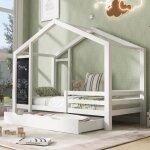 Lit cabane enfant 90x200cm - modernluxe - blanc - avec tableau noir et 2 tiroirs