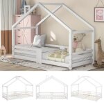 Lit cabane enfant bois pin massif blanc avec sommier et barrire - couleur blanc - 90 x 200 cm