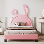 Lit cabane enfant avec sommier cadre de lit denfant 90 x 200 cm rose reilles de lapin