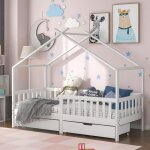 Lit cabane enfant � tiroirs - merax - bois massif de pin blanc - sommier inclus - 90 x 200 cm