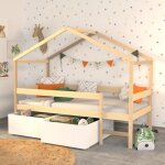 Lit cabane mika 90x190 + sommier + 2 tiroirs / naturel & blanc