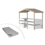 Lit cabane sarosi avec tiroirs - 90 x 190 cm - tilleul - blanc et ch�ne + matelas
