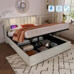Lit capitonn 140 x 200 cm avec fonction de chargement et lampe de lecture espace de rangement en lin ...