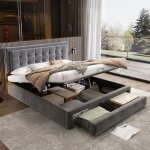 Lit capitonné 160 x 200 cm - redom - avec coffre de lit et tiroirs sommier à lattes tissu velours gris ... Lit capitonné 160 x 200 cm - redom - avec coffre de lit et tiroirs sommier à lattes tissu velours gris ...