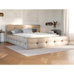 Lit capitonn� 180 x 200 cm - tissu chin� - beige + sommier + matelas - leruco de pascal morabito
