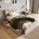 Lit 90x200 avec 2 tiroirs tête de lit réglable style chesterfield tissu en lin lit simple 1 place pour ... Lit 90x200 avec 2 tiroirs tête de lit réglable style chesterfield tissu en lin lit simple 1 place pour ...