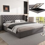 Lit capitonn� contemporain modernluxe - gris - 180 x 200 cm - coffre de rangement et sommier � lattes ...