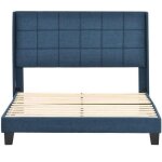 Lit capitonn� design moderne et sa t�te de lit capitonn�e lit double 140x200cm lin bleu (sans matelas) ...