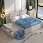 Lit rembourr avec lit gigogne merax 140x200 cm en lin beige 3 tiroirs - 2 / 3 places