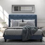 Lit capitonné double 140 x 200 cm moderne avec tête de lit sommier À lattes lin bleu sans matelas Lit capitonné double 140 x 200 cm moderne avec tête de lit sommier À lattes lin bleu sans matelas