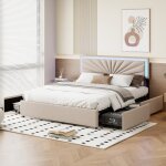 Lit capitonn double 160 x 200 - pergar - avec 4 tiroirs - tte de lit rglable - led de chevet - lin ...