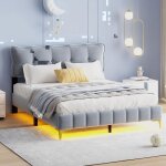 Lit capitonn double 160x200 cm avec lumires led et pieds hauts en mtal - gris (matelas non inclus) ...