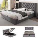 Lit capitonn� - modernluxe - gris - 140 x 200 cm - coffre de rangement - sommier � lattes
