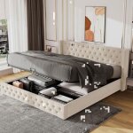 Lit capitonné - okwish - 180x200 cm - beige - tiroir de rangement hydraulique - style chesterfield Lit capitonné - okwish - 180x200 cm - beige - tiroir de rangement hydraulique - style chesterfield