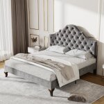 Lit capitonn� simple 140 x 200 cm en velour gris t�te de lit r�glable sommier � lattes en bois pour fille ...