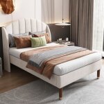 Lit capitonn� simple 90 x 200 cm en velours beige sommier � lattes en bois pour enfant style �l�gant