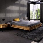 Lit en ch�ne massif clair 160x200 avec pieds inclin�s en m�tal - lt36002 - bois clair - terre de nuit ...