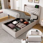 Lit coffre lit 1 personne 90x200 cm avec chargement usb et type c sommier � lattes tissu en lin beige ...