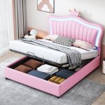 Lit coffre - leytn - 140 x 200 cm - cuir pu - rose - lumires led - rangement