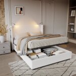 Lit coffre 140 x 200 cm avec lampe de chevet led - leww - lit double capitonn - beige - sommier  lattes ...