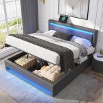 Okwish lit coffre adulte 140x190 cm - 2 places - port usb & clairage led - sommier inclus - pu gris ...