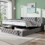 Lit adulte - modernluxe - 140x190 cm - velours gris - 2 places - avec sommier � lattes