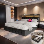 Lit coffre 140x200 cm avec led et usb - leww - lit 2 places rembourr - cadre de lit avec tte de lit ...