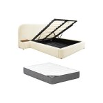 Lit coffre 160 x 200 cm avec chevets - tissu bouclette - blanc + matelas - esteria de maison céphy Lit coffre 160 x 200 cm avec chevets - tissu bouclette - blanc + matelas - esteria de maison céphy