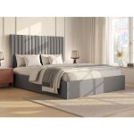 Lit coffre 160 x 200 cm avec tte de lit coutures verticales - velours ctel - gris + matelas - sarah ...