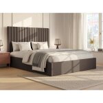 Lit coffre 160 x 200 cm avec tête de lit coutures verticales - velours côtelé - taupe - sarah Lit coffre 160 x 200 cm avec tête de lit coutures verticales - velours côtelé - taupe - sarah
