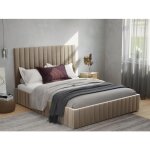Lit coffre 160 x 200 cm avec tête de lit coutures verticales - velours - taupe + matelas - larali de ... Lit coffre 160 x 200 cm avec tête de lit coutures verticales - velours - taupe + matelas - larali de ...