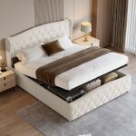 Lit coffre - pergar - 160 x 200 - velours beige - rangement sous le lit - 250 kg