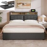 Lit coffre double 160x200 cm t�te de lit avec prise usb c - sommier � lattes - gris