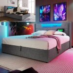Lit coffre 160x200 cm avec led et chargement usb type c structure de lit double avec sommier  lattes ...