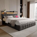 Lit coffre 160x200 cm leww lit double avec led et chargement usb rangements de tte de lit sommier  ...