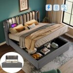 Lit coffre 160x200 cm avec liseuse et chargement usb lit double en velours avec sommier  lattes gris ...