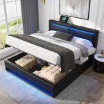 Okwish lit coffre 160x200 cm lit adulte avec usb et led lit de rangement avec sommier  lattes pu noir ...