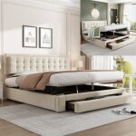 Lit coffre 160x200 cm avec tiroir lit double avec sommier  lattes tissu en velours beige