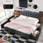 Lit double capitonn� 160x200 cm lit adulte avec led et usb 4 tiroirs sommier � lattes en bois gris (sans ...