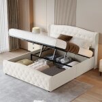 Lit coffre 160x200 - ylszhyr - lit rembourr� 160x200 avec sommier � lattes - blanc cass� - lit 2 places ...
