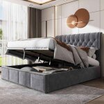 Lit coffre 180 x 200 cm lit double 2 personnes - barres hydrauliques - velours - gris