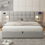 Lit coffre 180x200 cm - langtu - avec port usb - recharge sans fil - lampe intgre - gris