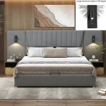 Lit coffre 180x200 cm - langtu - velours gris - dossier extra - long - rangement hydraulique - 2 places ... Lit coffre 180x200 cm - langtu - velours gris - dossier extra - long - rangement hydraulique - 2 places ...