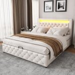 Lit coffre adulte 140 x 200 cm en similicuir avec led coffre de rangement sommier  lattes inclus sans ...