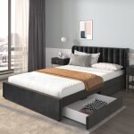 Lit coffre adulte 140 x 200 cm en velours noir avec t�te de lit sommier � lattes inlcus 2 tiroirs style ...