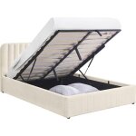 Lit coffre adulte 140x190 cm avec t�te de lit capitonn�e en tissu boucl� beige - ava