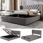 Lit coffre adulte 140x190cm - 2 personnes - sans matelas - avec sommier � lattes - chesterfield - gris ...