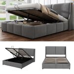 Lit coffre adulte 140x200 cm - modernluxe - gris - sommier � lattes - espace de rangement