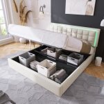 Lit coffre pour adulte 160x200 cm avec led en similicuir blanc grand espace de rangement sommier à lattes ... Lit coffre pour adulte 160x200 cm avec led en similicuir blanc grand espace de rangement sommier à lattes ...